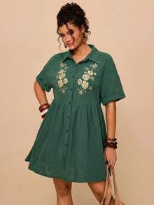 Travachic Plus Size Casual Cotton Floral Embroidered Black Shirt Collar Batwing Sleeve Patchwork Dress - Olive Green - View 5
