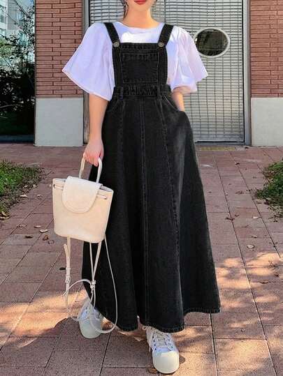 Dazy Plus Dark Wash Denim Pinafore Dress, Suitable For Spring, Summer, And All Seasons