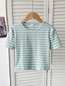 SHEIN Áo thun dệt kim cổ tròn tay ngắn kẻ sọc phối màu phong cách thường ngày cho bé gái tuổi teen - Màu xanh nhạt - Xem 4