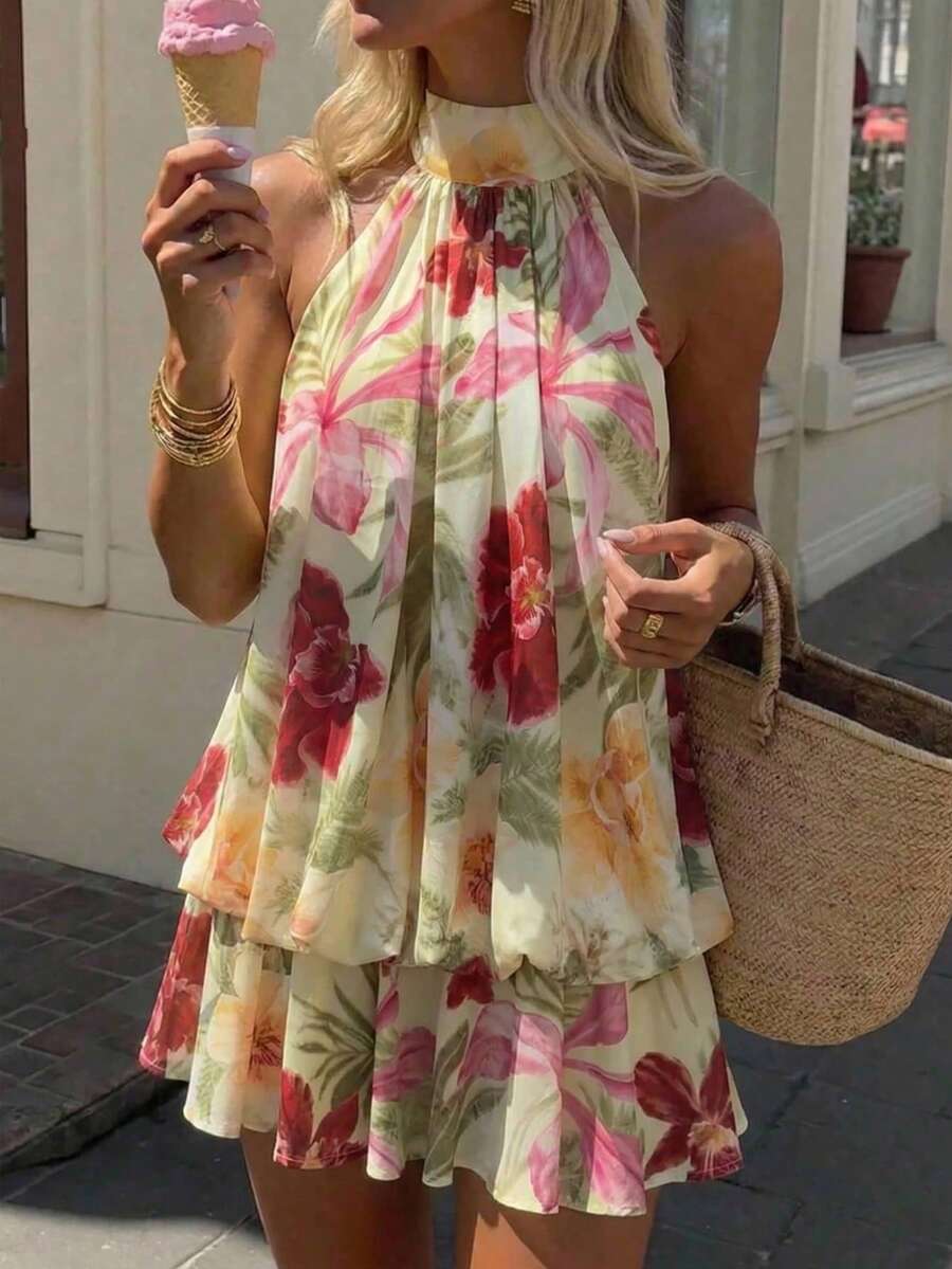 Aloruh 女士优雅浅黄色露背系带迷你连衣裙