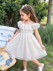 Elladie kids 少女甜美花卉刺绣网纱吊带露肩束腰泡泡裙连衣裙，适合派对、活动、演出、旅行和度假。 - 白色 - 查看 3