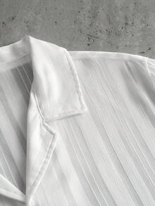 PAVTROS Men's White Cuban Collar Jacquard Striped Loose Short Sleeve Shirt - White - View 6