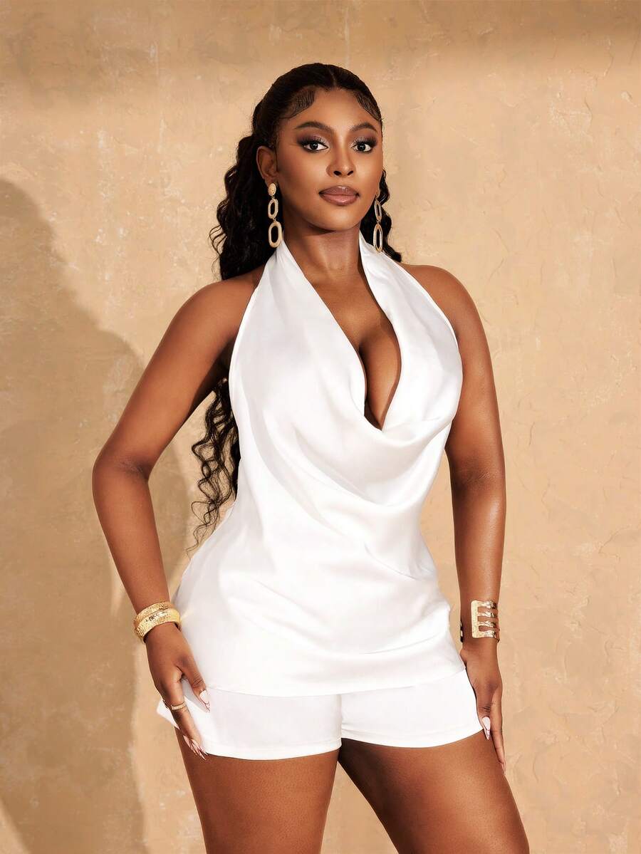 Lunelith SHEIN Lunessa Women's Solid Color Draped Neck Tank Top And Shorts Set - White - View 1