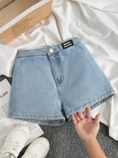 Quần short denim rách cho bé gái tuổi teen, quần jeans màu xanh nhạt kiểu vintage mùa hè, đa năng, họa tiết chữ cái, ống rộng.