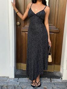 Sunnyshic 女士复古优雅波点撞色蕾丝腰带系带夏季度假连衣裙 - 黑與白 - 查看 4