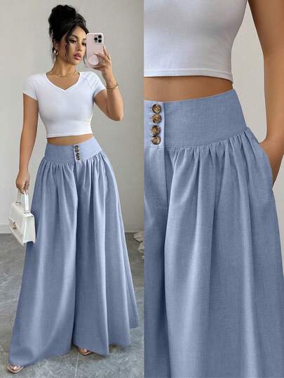 Elenzga Nuevos pantalones anchos de pierna suelta con diseño de hebilla floral elegante, pantalones largos de color caqui de lino aptos para primavera/verano, Acción de Gracias y Halloween, pantalones anchos y sueltos versátiles y fluidos