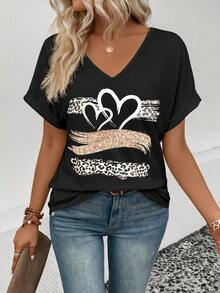 SHEIN 女士休闲复古黑色V领荷叶边袖口短袖爱心豹纹印花基础百搭T恤 - 黑色 - 查看 4
