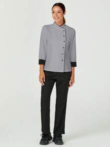 TaskEZ 女士撞色纽扣领长袖工作服厨师外套，七分袖/四分袖 - 灰色 - 查看 4