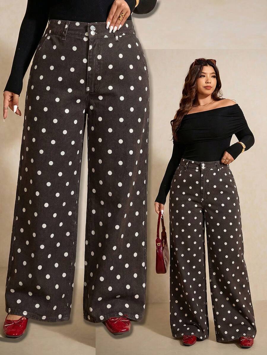 Elaquor Jeans a gamba larga a pois per donne taglie forti - Castano - Visualizzare 1