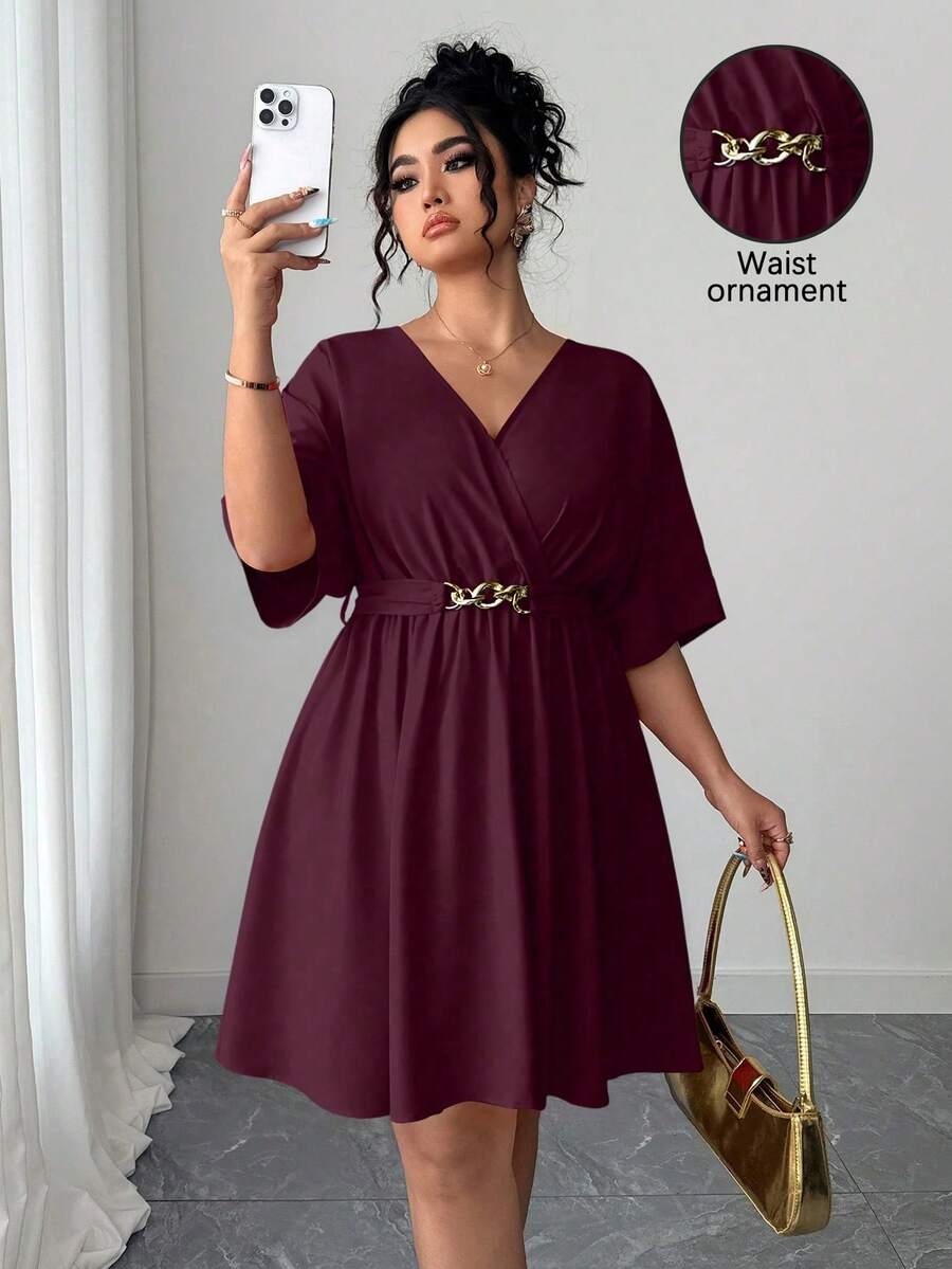 Elenzga Váy dạ hội ngắn màu đỏ cổ chữ V thanh lịch, eo cao, phong cách giản dị và tối giản cho mùa hè - Màu đỏ tím - Xem 1