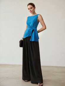 MOTF PREMIUM Áo sơ mi không tay thắt nút bên hông thanh lịch - Màu xanh lam - Xem 5