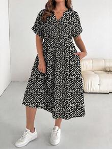 SHEIN Essnce 大码女式夏季度假碎花V领口袋收腰连衣裙 - 彩色 - 查看 5