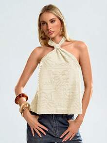 Avantive Women's Solid Color Textured Fashion Halter Neck Camisole - White - View 9