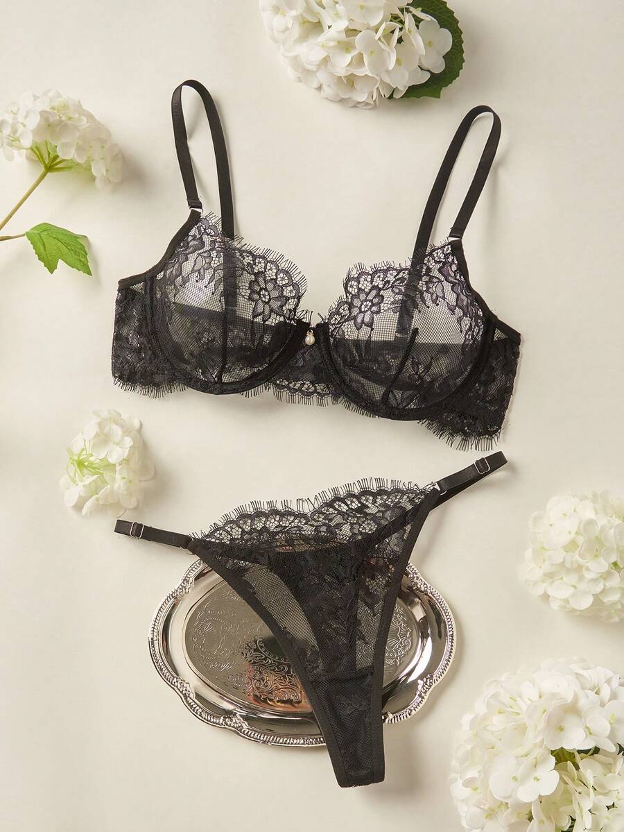 Elorette Floral Lace Underwire Lingerie Set, Baddie Look - Black - View 1