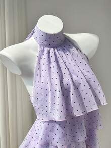 Elamini Women's Polka Dot Pattern Ruffle Neck Blouse - Purple - View 5
