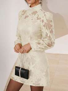 Modelyn Đầm ngắn cổ đứng màu trơn, thanh lịch dành cho nữ, thích hợp đi làm, chất liệu jacquard. - Màu be - Xem 1