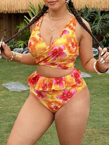 SHEIN Swim 2pcs Plus Size Women Floral Print Criss-Cross Front Halter Tankini Swimwear - Multicolor - View 4