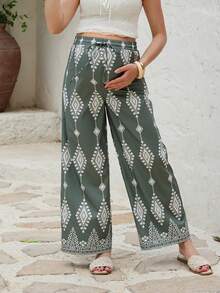 SHEIN 几何印花阔腿裤，百搭孕妇裤，夏季新品 - 軍綠色 - 查看 1