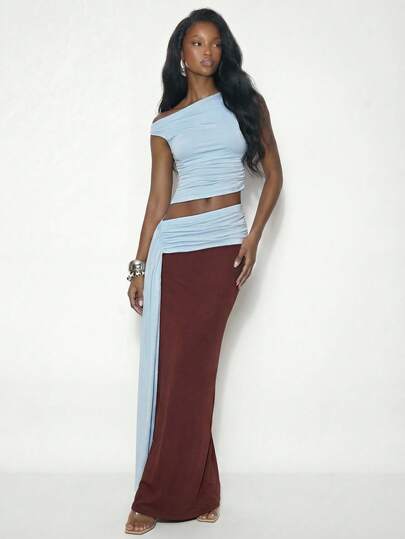 Femmeiva Women's Solid Color Asymmetrical Shoulder Ruched Top And Skirt Casual 2-Piece Set