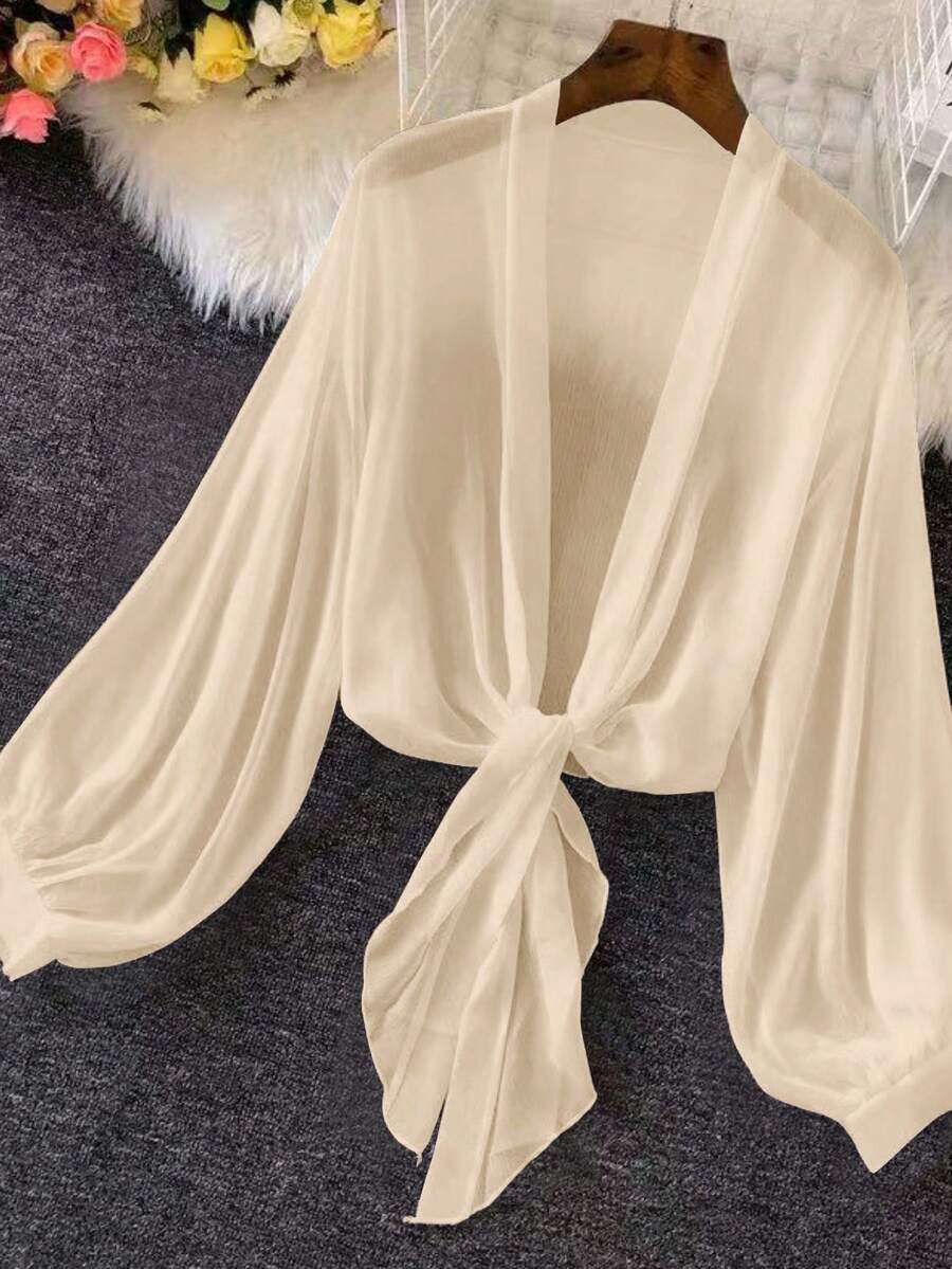 SHEIN Unity Plus Size Women Solid Color Lantern Sleeve Tie Waist Blouse - Apricot - View 1