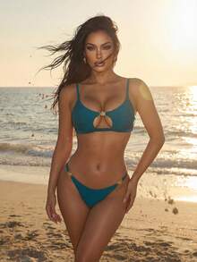 Swim SXY Bộ bikini gợi cảm đi biển mùa hè cho nữ, phụ kiện kim loại, dây mảnh - màu xanh lá - Xem 1