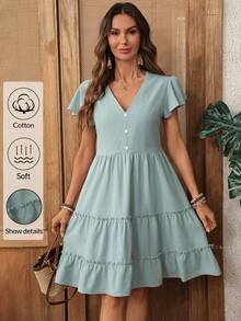 EMERY ROSE 女士纯色V领短袖荷叶边下摆休闲迷你连衣裙 - 淺藍色 - 查看 4