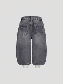 SHEIN Playful Pals Celana Jeans Kasual Serbaguna Gaya Y2K Streetwear untuk Anak Perempuan, Model Chic, Longgar, Lurus, Warna Biru Pudar, Nyaman, Cocok untuk Pemakaian Sehari-hari - Dark Grey - View 2
