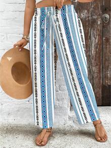 SHEIN VCAY Pantalones anchos de pierna ancha con cintura de lazo y patrón geométrico para mujer de talla grande - Multicolor - Ver 3