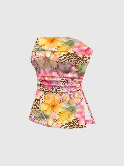 ROMWE Fairycore Áo croptop cúp ngực in họa tiết hoa dâm bụt gợi cảm cho kỳ nghỉ biển.