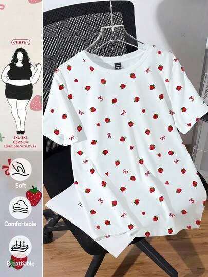 SHEIN CURVE+ Plus Size Summer Casual Strawberry Bow Print T-Shirt Latest Tops For Women New Arrivals Women's Tops For Summer