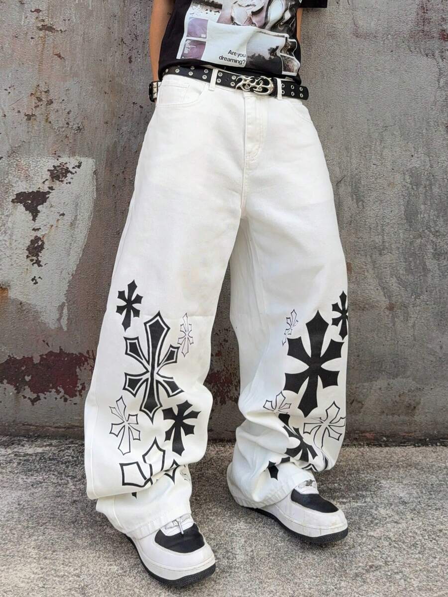 Manfinity EMRG Men's Contrast Color Print Casual Wide Leg Jeans - White - View 1
