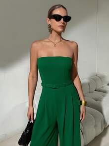 Lavishia Women's Green Elegant Fashionable Belted Wide Leg Jumpsuit, Spring/Summer - Green - View 3