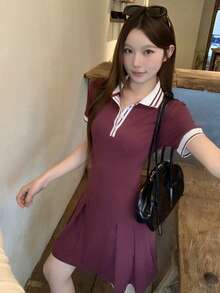 DAZY Đầm ngắn tay cổ bẻ dáng casual dành cho nữ, thích hợp cho mùa hè. - Màu Đỏ Sâu - Xem 1