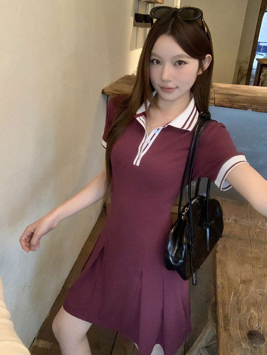 DAZY Đầm ngắn tay cổ bẻ dáng casual dành cho nữ, thích hợp cho mùa hè. - Màu Đỏ Sâu - Xem 1