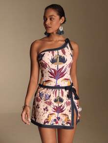 Swim Oasis Bộ đồ bơi liền thân kèm váy in họa tiết hoa và chim nhiệt đới dành cho nữ, kiểu cổ yếm, thích hợp cho kỳ nghỉ biển. - Nhiều màu - Xem 6