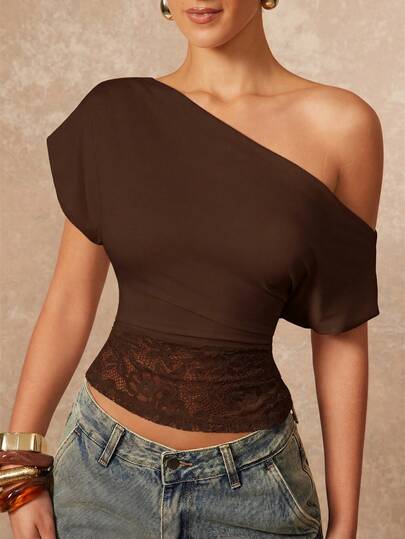 Lumalex Chocolate Brown Asymmetrical Shoulder Crop Top With Soft Draped Bodice, Romantic Lace Corset-Style Waist Panel Top, Body-Contouring Fit & Elegant Feminine Silhouette Top, Perfect For Summer, Spring-Break Trips, Cruises, Beach Weekends, Vacations, Parties, Date Nights, Weddings, Proms, Banquets, Birthdays, Carnivals, Festivals, And Other Holiday Events, Showcases Romantic Valentine Vibes, Neo-Girly Charm, Boho-Casual Flair, Quiet Luxury, Business Chic, And Relaxed Vacay Elegance, Luxury Top, Style For Raves, Festivals, Holiday Gatherings, Outdoor Evening Occasions-Ideal, Party