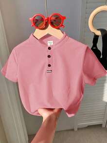 SHEIN 男童舒适纯色短袖POLO衫，休闲穿着，适合春夏季节，适合户外活动、上学、街头风、派对和休闲穿着，性价比高。 - 粉色 - 查看 6