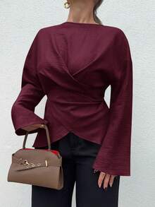 Jeta Ari Women's Casual Commuter Solid Color Cross-Wrap Shirt,Red Top Winter Christmas New Year Burgundy Spring Valentine's Day - Burgundy - View 3