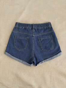 Breezaya Plus Size Simple Embroidered Dark Wash Denim Shorts - Dark Wash - View 2