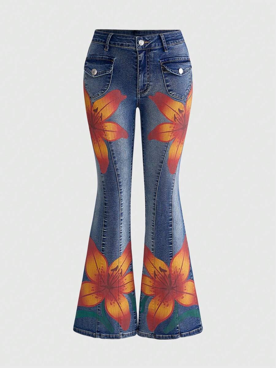 ROMWE Y2K Island Girl Low-Waist Skinny Printed Women's Jeans - Multicolor - View 1