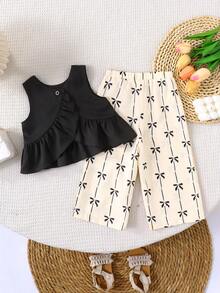 KIDS KIDS Baby Girl Woven Ruffle Back Cross Design Casual Shirt With Woven Sweet Cute Bow Striped Print Loose Long Pants Set Black And White - Black and White - View 2