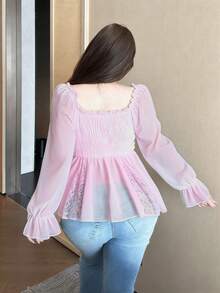 Vibekara New Arrival Sweet Elegant Chiffon & Lace Patchwork Puff Sleeve Blouse, Ruffle Hem Cropped Shirt For Women, Suitable For Spring, Summer, Fall - Pink - View 2
