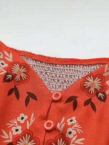 EMERY ROSE Plus Size Women's Woven Regular Summer Western Resort Casual Puff Sleeve Embroidered Cinched Waist Faux Tie Hem Orange Short Dress - Burnt Orange - View 5