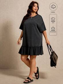 Elaquor Vestido casual con cuello redondo, manga corta y volante en el bajo para mujer de talla grande - Negro - Ver 1