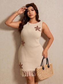 Elaquor Plus Size Starfish Pattern Round Neck Sleeveless Sweater Dress Fall/Winter - Apricot - View 4