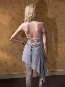 ROMWE Sexy Backless Halter Asymmetric Hem Blouse - Grey - View 8