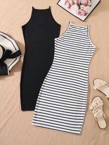 SHEIN Sparklyn Soft Striped Fitted Basic Dress Set For Teenage Girls - Black and White - View 2