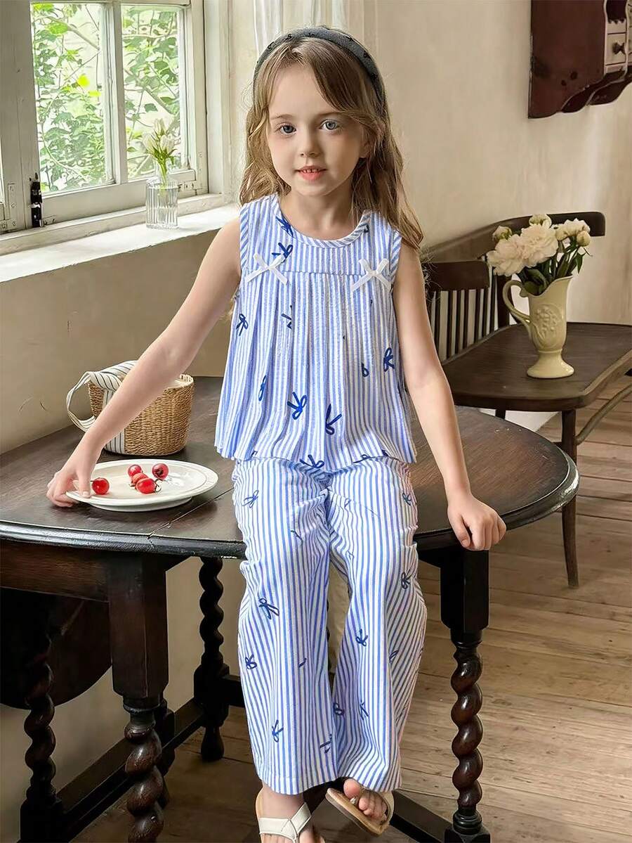 女童休闲条纹蝴蝶结印花褶皱无袖上衣搭配宽松直筒裤套装，春夏活力日常穿搭 - 藍色 - 查看 1