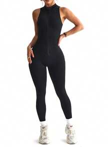 With My Calm 1件装女士无缝前拉链立领露背扭结性感运动背心式瑜伽健身连体裤 - 黑色 - 查看 2