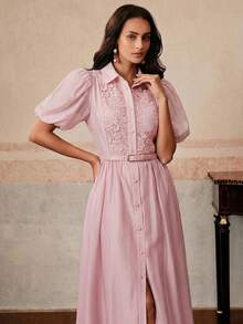 Vestido midi morado con volantes y estampado floral en patchwork, con cintura estilizadora, adecuado para vacaciones y ocasiones de fiesta, primavera/verano - Rosa - Ver 4